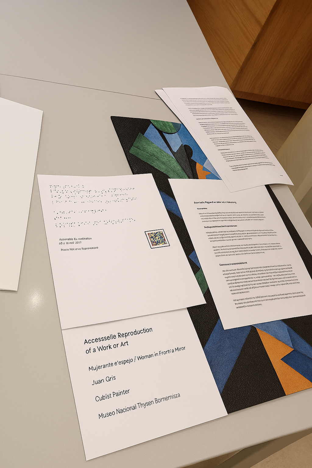 Hombre siguiendo con las manos una ilustración en blanco y negro mientras una mujer le guía señalando detalles, ambos frente a varias láminas extendidas sobre la mesa.