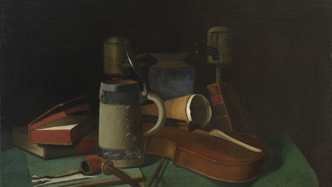 Libros, jarra, pipa y violín. John Frederick Peto