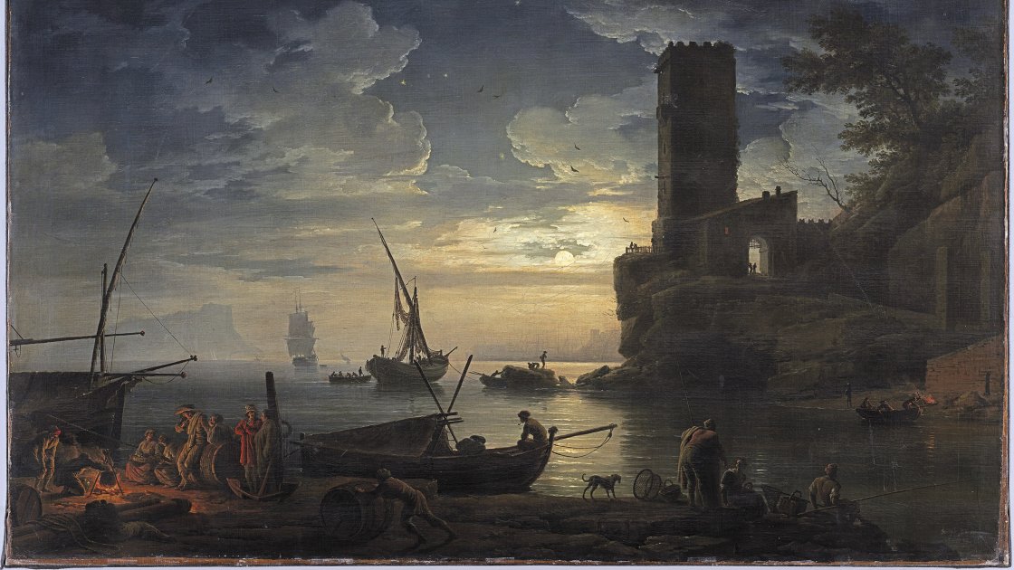 Noche: escena de la costa mediterránea con pescadores y barcas. Claude Joseph Vernet