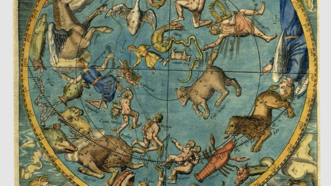 Hemisferio norte celeste, hacia 1618, Grabado iluminado en acuarela y oro