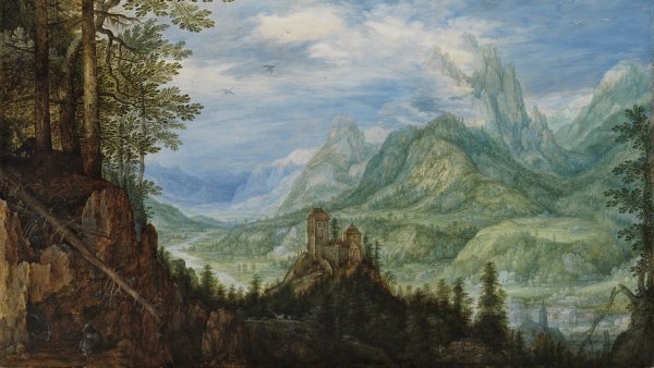 Paisaje montañoso con un castillo