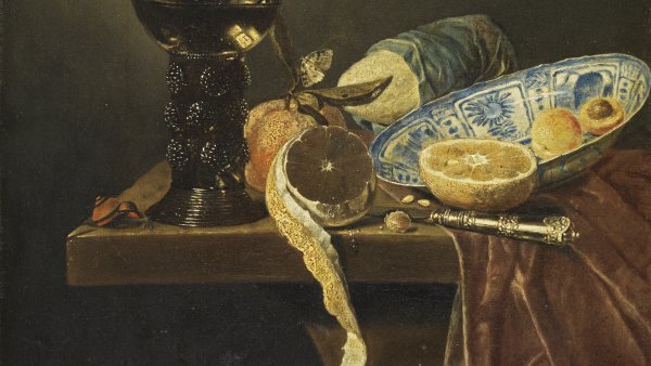 Bodegón con fuente china, copa, cuchillo, pan y frutas. Jan Jansz. van de (atribuido) Velde iii
