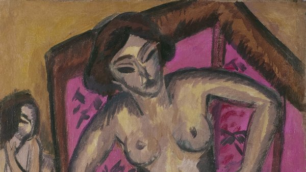 Desnudo de rodillas ante un biombo rojo (reverso: Desnudo sentado con pierna doblada). Ernst Ludwig Kirchner