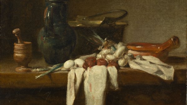 Bodegón con almirez,cántaro y caldero de cobre. Jean-Baptiste-  Siméon Chardin