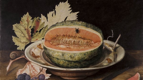 Giovanna Garzoni. Naturaleza muerta con melón en un plato, uvas y un caracol, c. 1650 