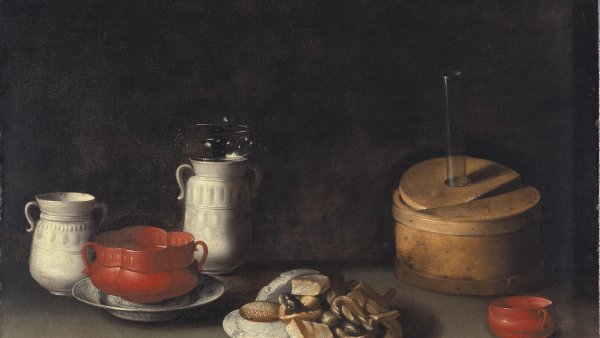 Bodegón con loza y dulces. Juan van der Hamen y león