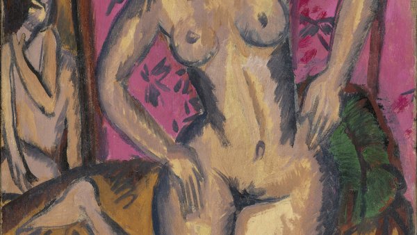 Desnudo de rodillas ante un biombo rojo (reverso: Desnudo sentado con pierna doblada). Ernst Ludwig Kirchner