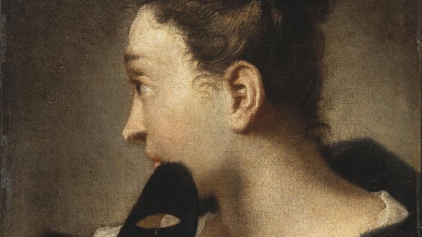 Retrato de una joven de perfil con una máscara en la mano derecha. Giambattista Piazzetta