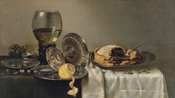 Bodegón con pastel de frutas y diversos objetos. Willem Claesz. Heda