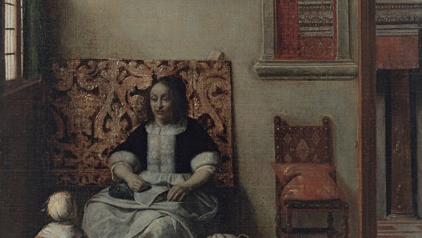 Interior con una mujer cosiendo y un niño. Pieter Hendricksz. de Hooch