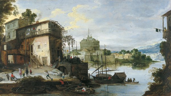 Vista de un puerto fluvial con el Castillo de Sant'Angelo. Maestro DEL MONOGRAMA IDM