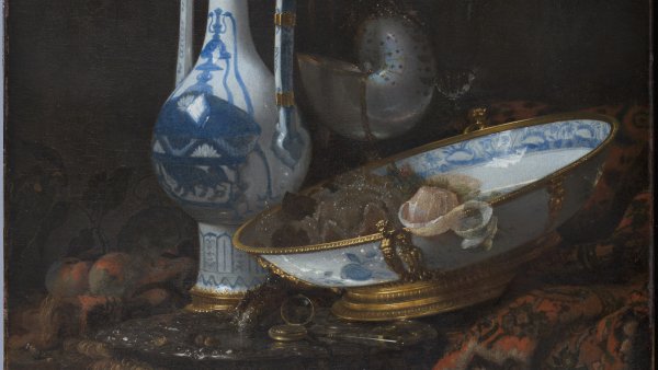 Bodegón con aguamanil, frutas, copa nautilo y otros objetos. Willem Kalf