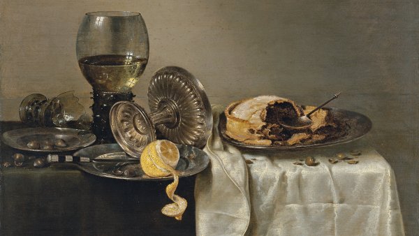 Bodegón con pastel de frutas y diversos objetos. Willem Claesz. Heda