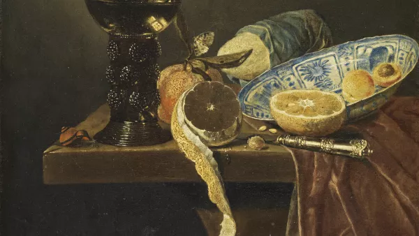 Bodegón con fuente china, copa, cuchillo, pan y frutas. Jan Jansz. van de (atribuido) Velde iii