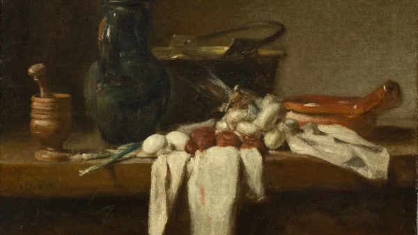 Bodegón con almirez,cántaro y caldero de cobre. Jean-Baptiste-  Siméon Chardin