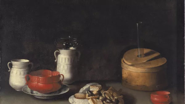 Bodegón con loza y dulces. Juan van der Hamen y león