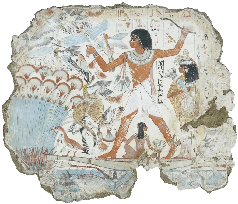 Caza entre papiros. Pintura mural en la tumba de Nebamun, XVIII Dinastía, hacia 1397-1351 a. C.