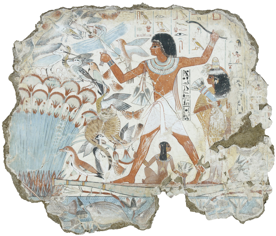 Caza entre papiros. Pintura mural en la tumba de Nebamun, XVIII Dinastía, hacia 1397-1351 a. C.