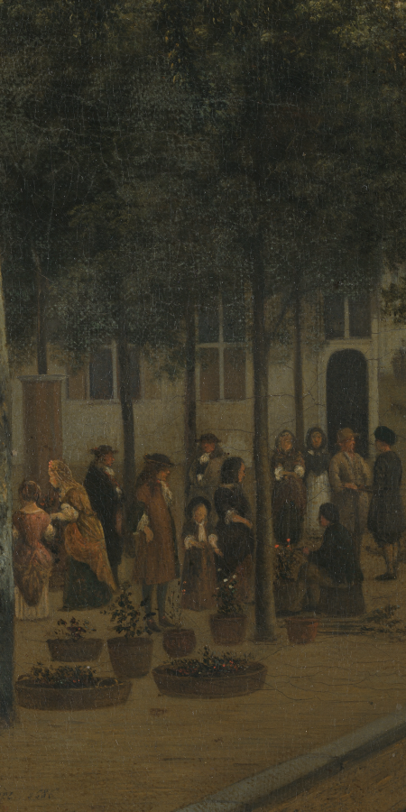 Gerrit Adriaensz. Berckheyde, El Nieuwezijds Voorburgwal con el mercado de flores de Amsterdam (detalle), 1686
