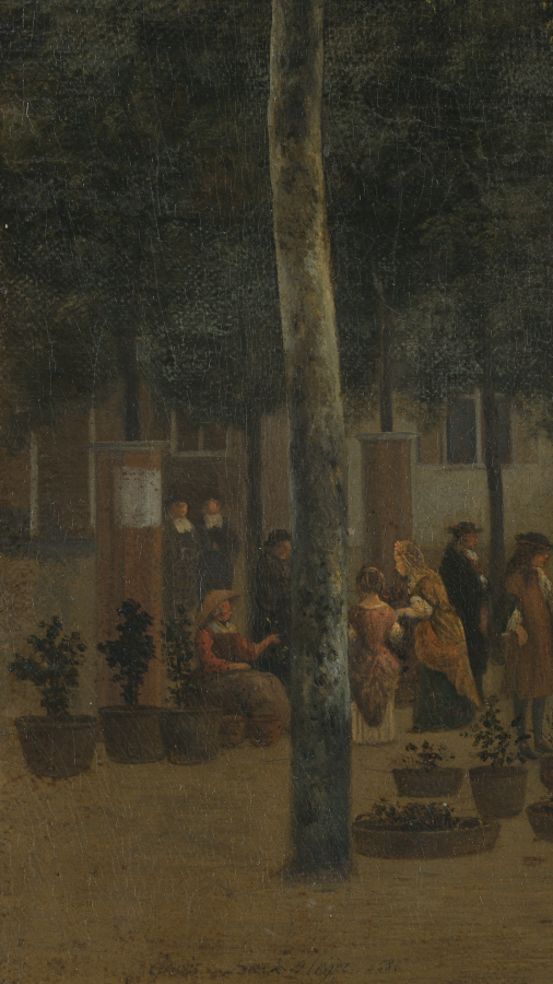 Gerrit Adriaensz. Berckheyde, El Nieuwezijds Voorburgwal con el mercado de flores de Amsterdam (detalle), 1686