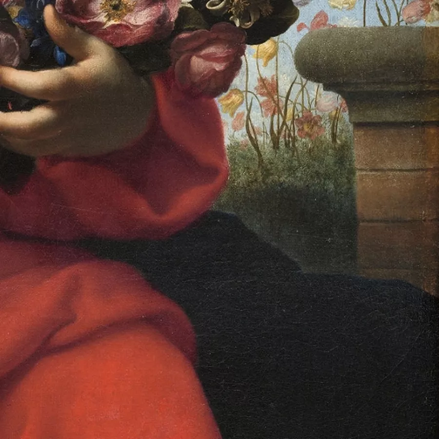 Carlo Dolci, El Niño Jesús con una corona de flores (detalle), 1663