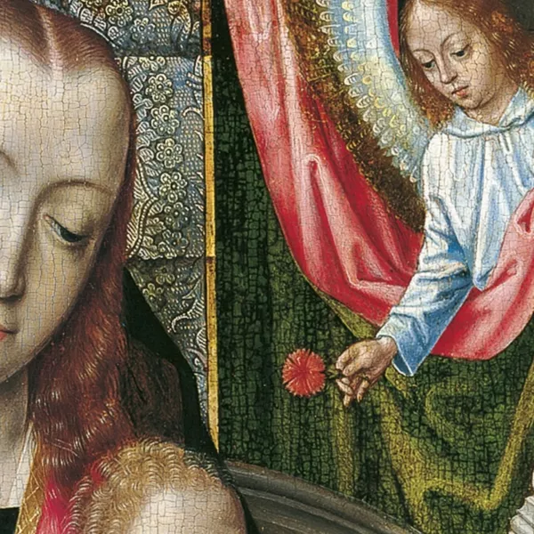 Maestro de la Leyenda de santa Úrsula, La Virgen con el Niño y dos ángeles (detalle), hacia 1480