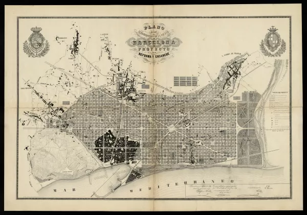 Ensanche de Barcelona. Plano de los alrededores de la ciudad de Barcelona y del proyecto para su mejora y ampliación, 1859