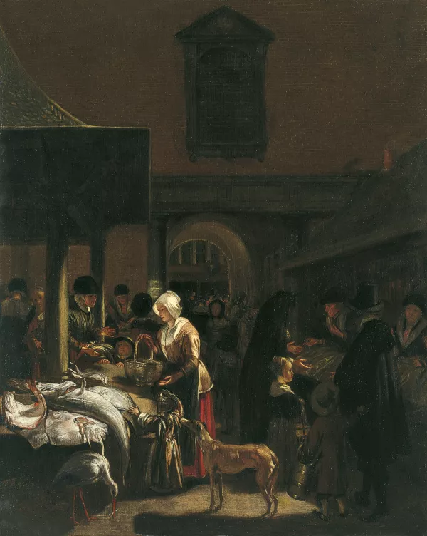 El antiguo mercado del pescado en el Dam, Amsterdam. Emanuel de Witte