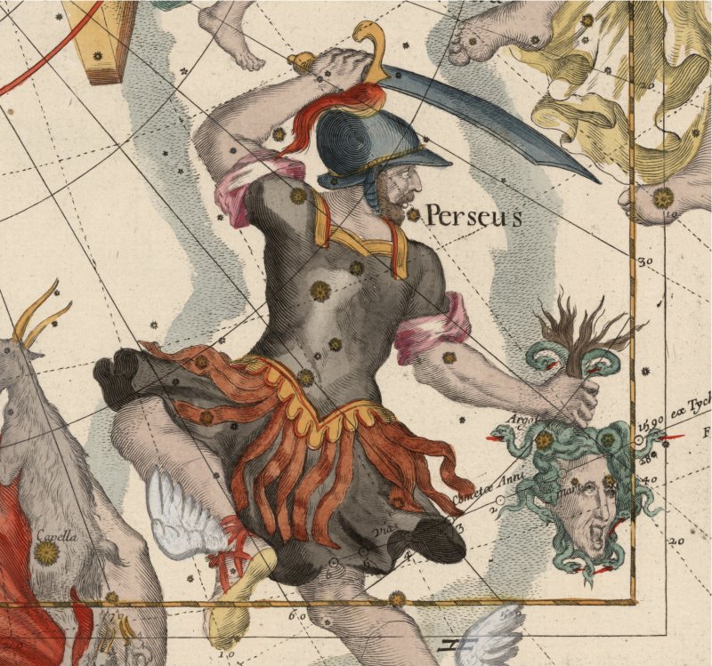Ignace Gaston Pardies, Detalle de Perseo en el Atlas celeste, 1693 (primera edición de 1674) Grabado iluminado