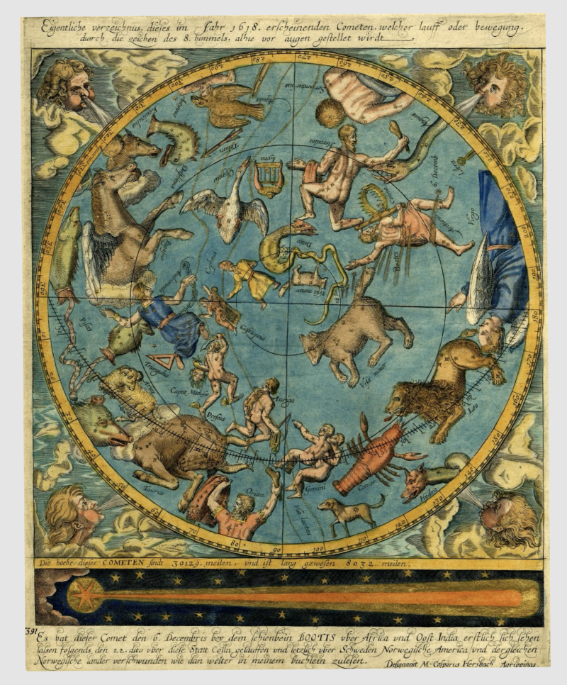 Hemisferio norte celeste, hacia 1618, Grabado iluminado en acuarela y oro