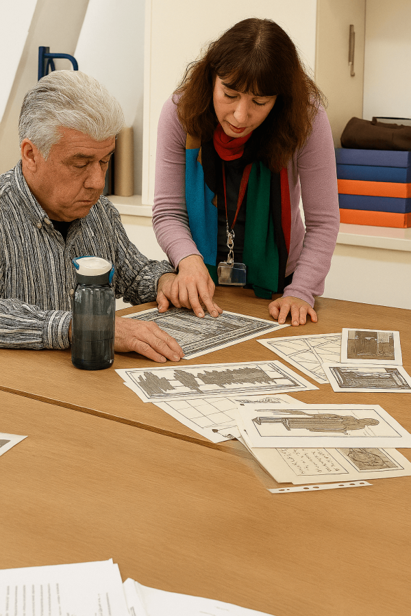 Hombre siguiendo con las manos una ilustración en blanco y negro mientras una mujer le guía señalando detalles, ambos frente a varias láminas extendidas sobre la mesa.
