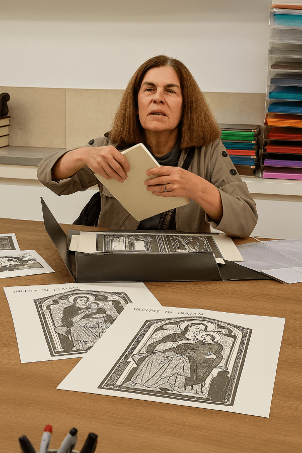 Mujer manipulando una carpeta con láminas impresas en blanco y negro sobre una mesa, con ilustraciones religiosas extendidas delante de ella en un taller o sala de trabajo.